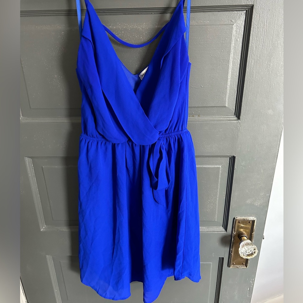 Vibrant royal blue mini dress with faux wrap v neck